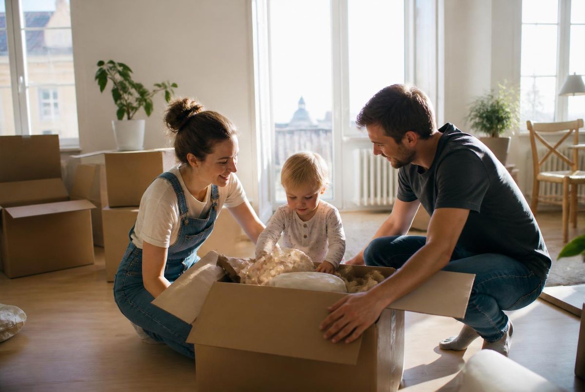Flyttfirma Stockholm – familj packar upp flyttkartonger i ny lägenhet